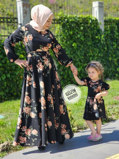 Anne Kız Siyah Desenli Elbise