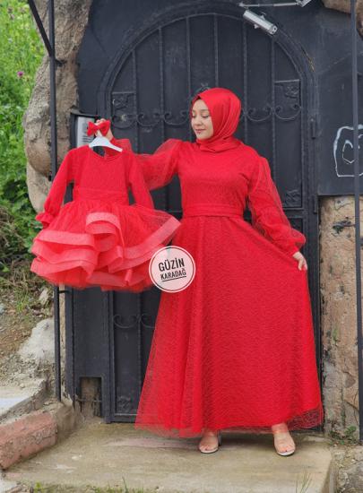 Anne Kız Kırmızı Abiye Elbise